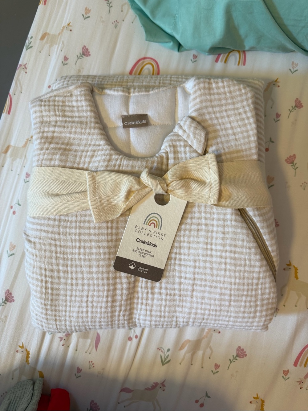 Crate&Barrel Cream Gingham Baby Sleep Sack with Bow Tie